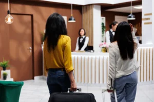 female tourists arriving destination carrying baggages towards front desk modern resort tourists starting vacation extravagant hotel lobby ready make reservation (1)