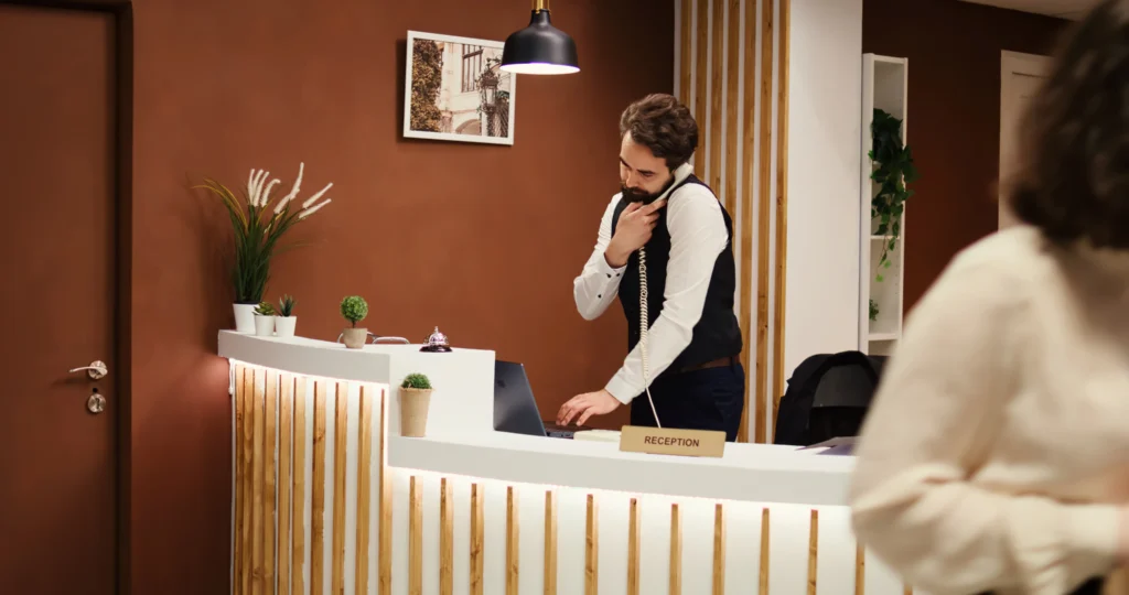 friendly cheerful hotel administrator taking guest feedback asking about their stay check out process resort staff employees working front desk check reception