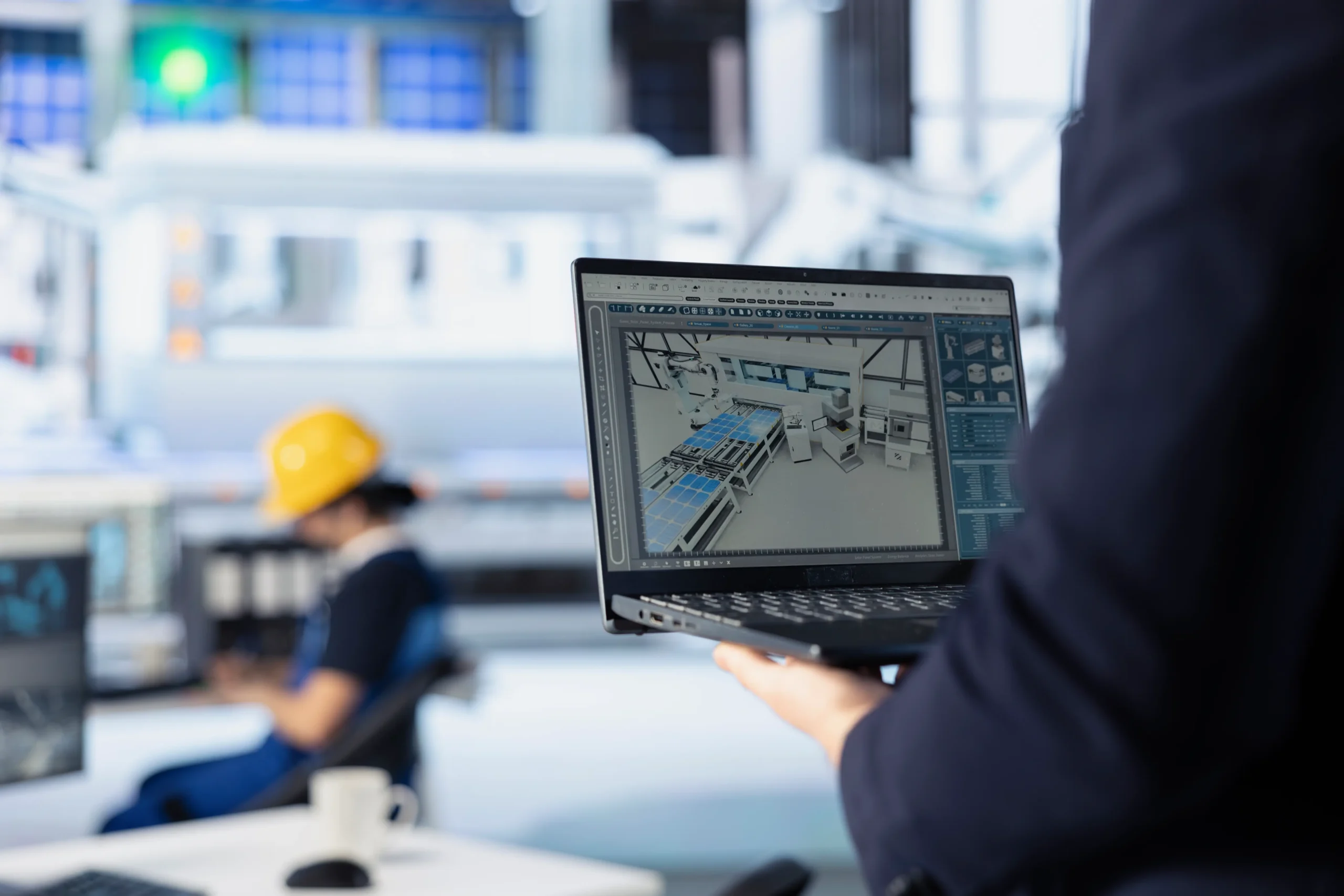 tecnico de una fabrica fotovoltaica mejora las configuraciones de los paneles solares con una computadora portatil